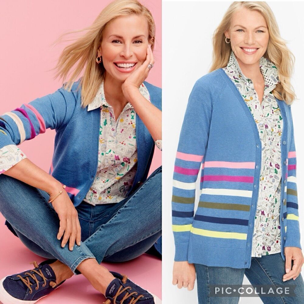 Talbots Girlfriend Cardigan Colorful Stripe Women’s Small Periwinkle Blue